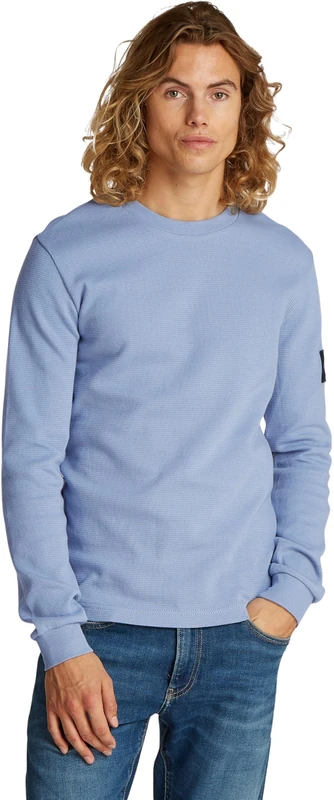 Calvin Klein Men’s Badge Cotton Waffle Long Sleeve Top, Blue (Tempest), XXS