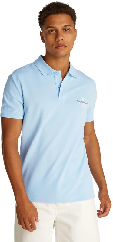 Calvin Klein Men’s Monologo Regular Fit Short Sleeve Polo Shirt, Blue (Blue Bell), XS