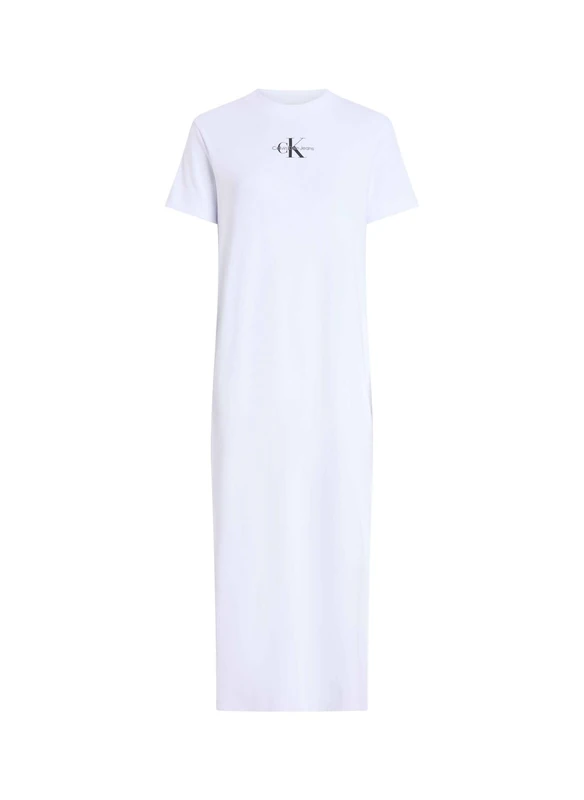 Calvin Klein Women’s Round Neck Monologo Long Rib T-Shirt Dress, White (Brilliant White), XL