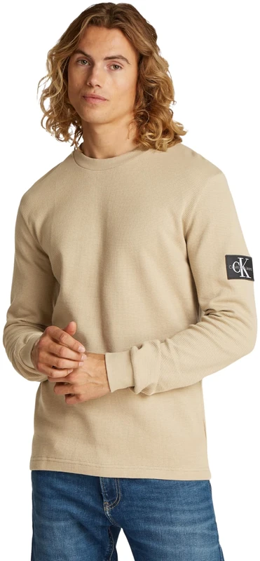 Calvin Klein Men’s Badge Cotton Waffle Long Sleeve Top, Beige (Tree House), XXS