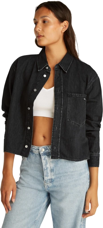 Calvin Klein Women’s Cropped Dad Denim Shirt with Chest Pocket, Black (Denim Black), XS
