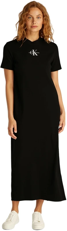Calvin Klein Women’s Round Neck Monologo Long Rib T-Shirt Dress, Black (Ck Black), M