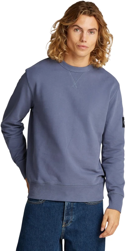 Calvin Klein Men’s Crew Neck Badge Cotton Sweatshirt, Blue (Grisaille), XS