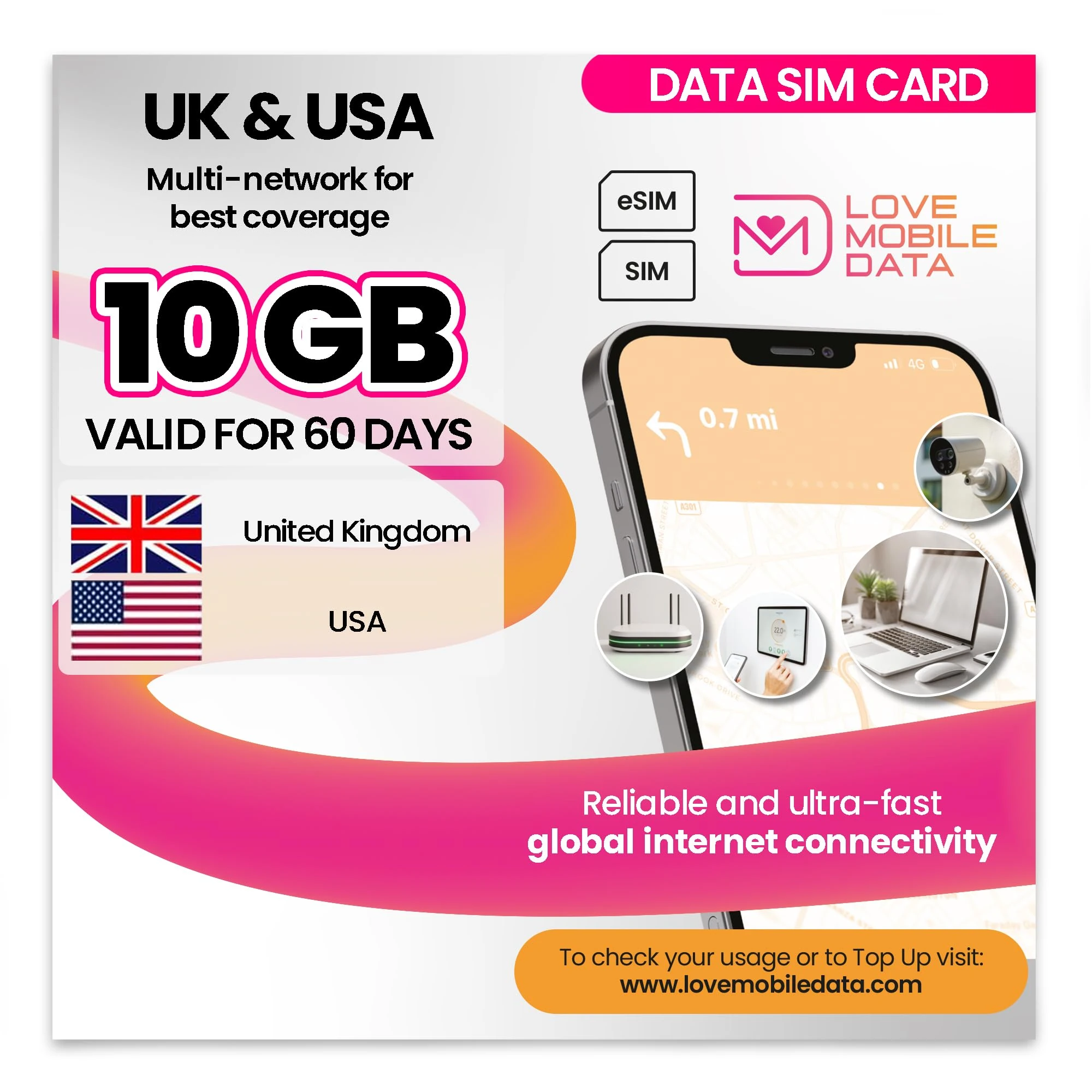 Love Mobile Data Only Sim Card - International Multi-Network 4G/5G Prepaid Pay As You Go Data Sim for Mobile Phones, WiFi Routers, & More, UK & USA Coverage, 10GB for 60 Days