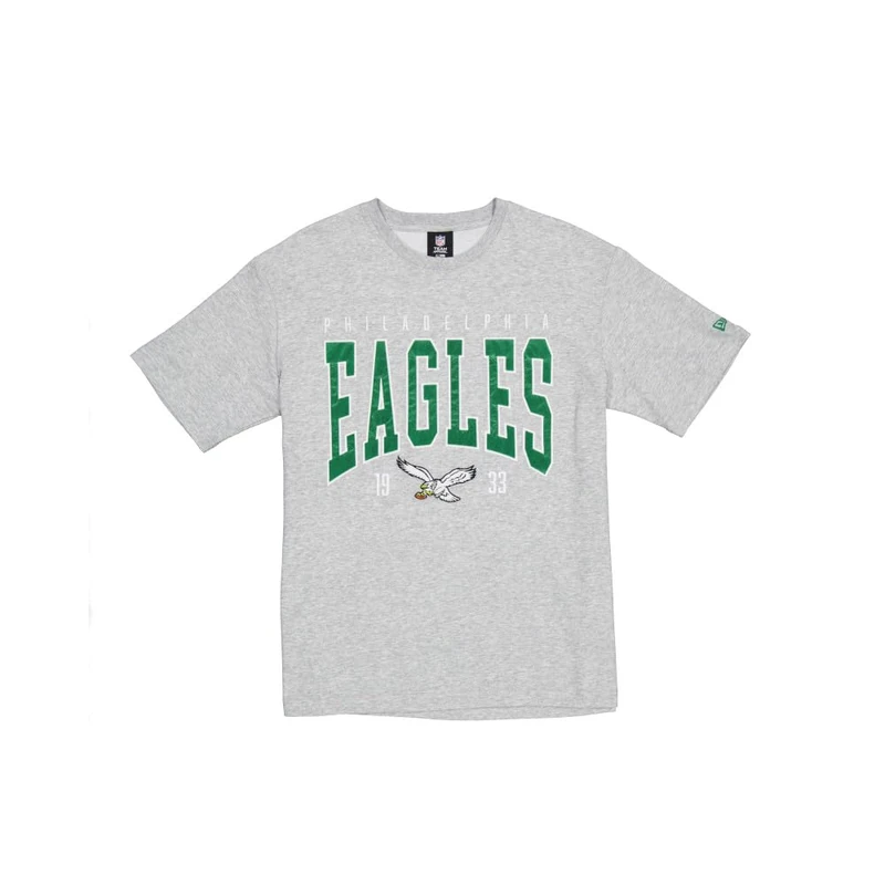 PHILADELPHIA EAGLES New Era Cap NFL Oversized T-Shirt Satin Applique Patch Logo Heather Gray Unisex