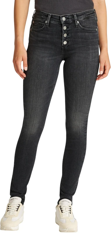 Calvin Klein Women’s Mid Rise Skinny Jeans with Button Placket, Black (Denim Black), 34W/28L