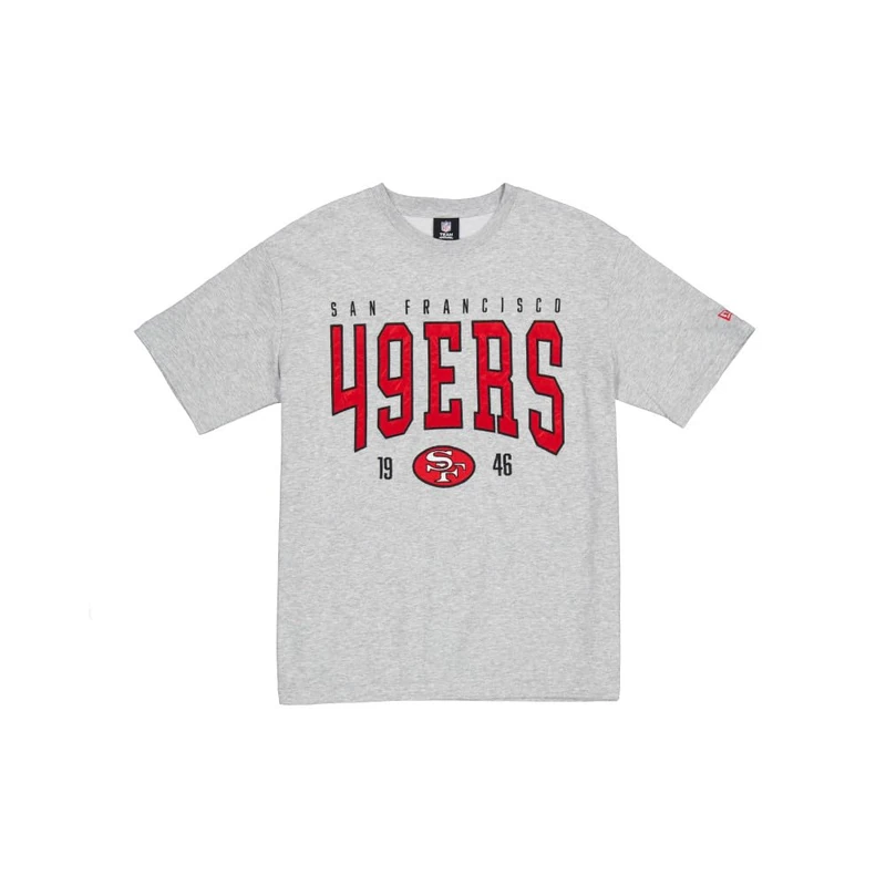 SAN FRANCISCO 49ERS New Era Cap NFL Oversized T-Shirt Satin Applique Patch Logo Heather Gray Unisex