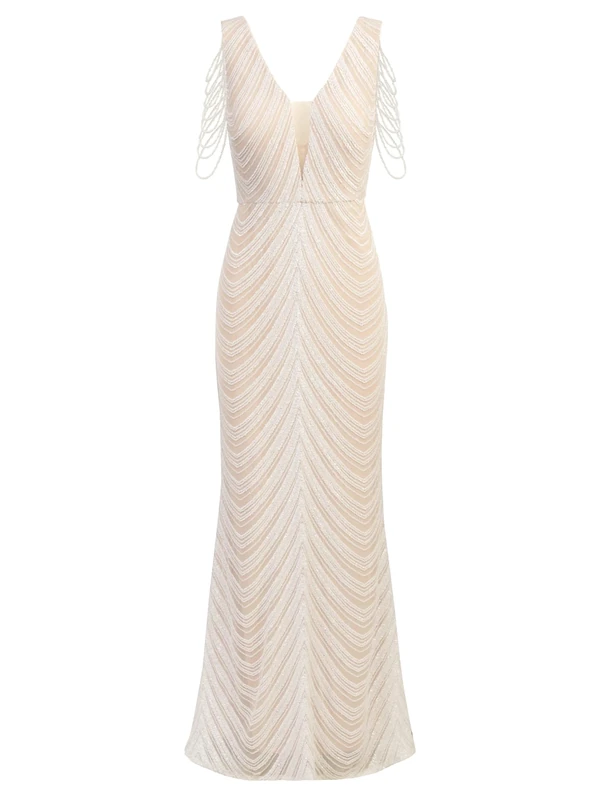 APART Fashion Women's Extravagantes Langes Paillettenkleid Von Apart Special Occasion Dress, Cream-Nude, 18