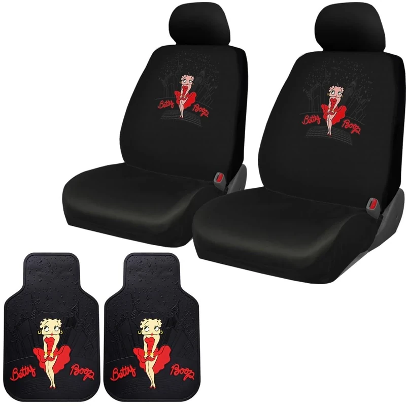 Yupbizauto New Betty Boop Skyline Design Car Accessories Seat Cover with Front Rubber Mats, Steering Wheel Cover Bundled with Air Freshener