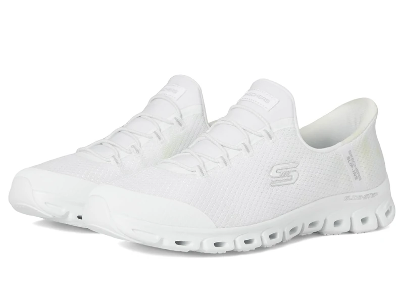 Skechers Women's Glide-Step Pursuit Slip-On Sneakers, White Mesh/Silver Trim, 9 UK