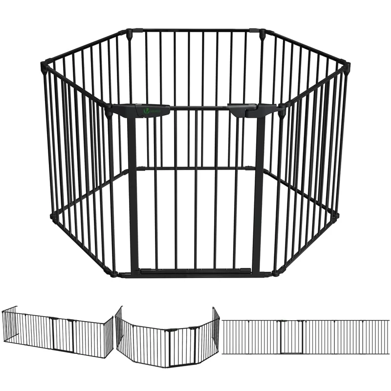 VOUNOT® 6 Panel Safety Barrier Fireplace Protection Foldable Metal Fire Guard Hearth Gate with Lockable Door, Playpen Multi-Function Room Divider Pre-Assembled 3.75M Black