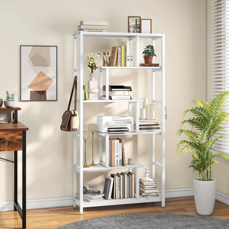 YITAHOME Bookcase, 6 Tier Tall Bookshelf with 4 Hooks Large Floorstanding Shelving Shelf Industrial Book Shelf with Steel Frame Display Shelf Units for Living Room Bedroom Home Office, Pure White