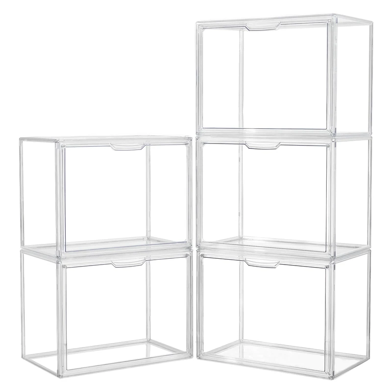 Acrylic Box Display Case, Clear Plastic Stackable Storage Bins with Magnetic Attraction Lid, Showcase for Cosmetic, Large Figures Collectibles (5 Pack, X-Large) - Image 1