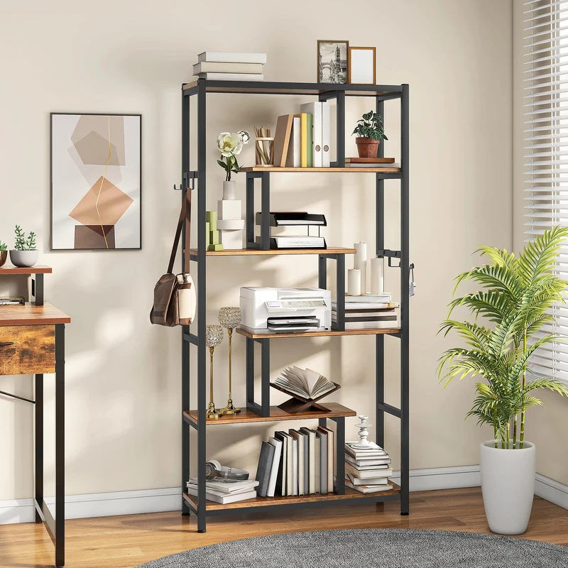 YITAHOME Bookcase, 6 Tier Tall Bookshelf with 4 Hooks Large Floorstanding Shelving Shelf Industrial Book Shelf with Steel Frame Display Shelf Units for Living Room Bedroom Home Office, Rustic Brown