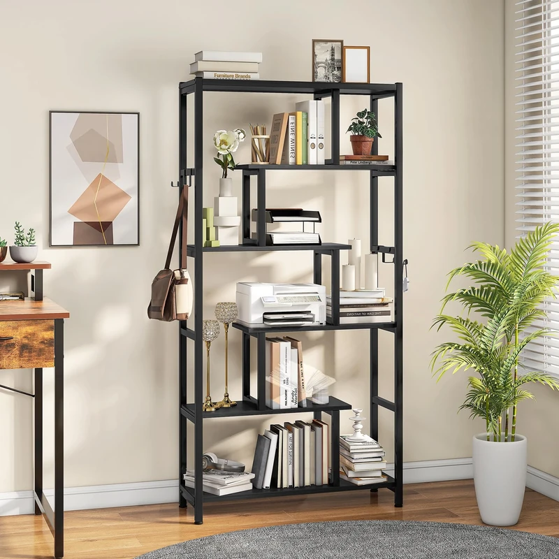 YITAHOME Bookcase, 6 Tier Tall Bookshelf with 4 Hooks Large Floorstanding Shelving Shelf Industrial Book Shelf with Steel Frame Display Shelf Units for Living Room Bedroom Home Office, Black