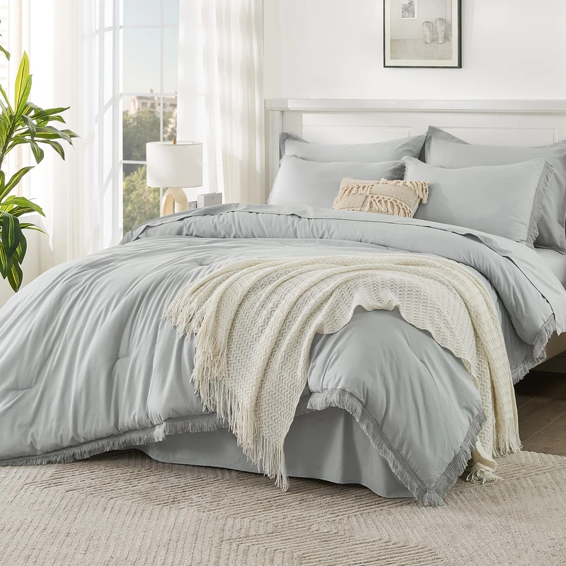 Andency California King Comforter Set, 7 Pieces Light Grey Bedding