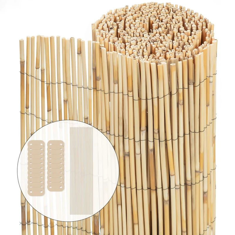 VOUNOT Natural Peeled Reinforced Reed Fence 140x600cm Privacy Screen Roll with Fixing Clips Garden Panel Fence for Outdoor Garden Patio Balcony Wind/Sun Protection