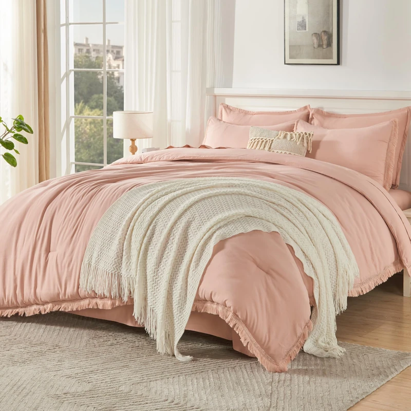 Andency King Comforter Set, 7 Pieces Pink Bedding
