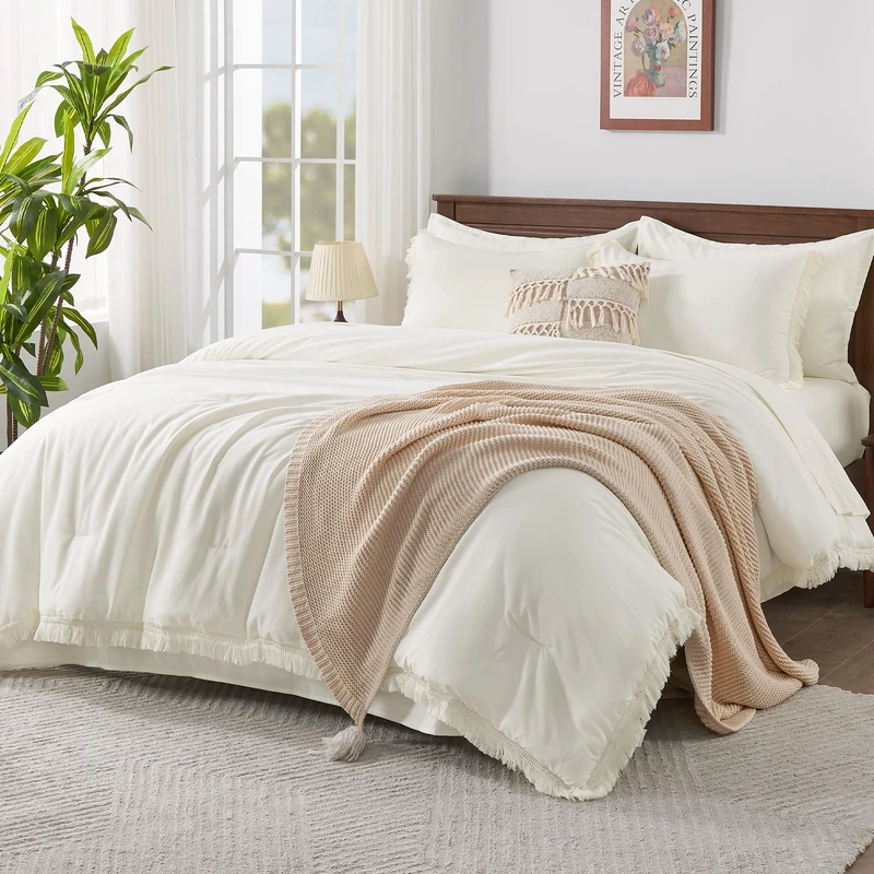Andency Queen Comforter Set, 7 Pieces Ivory Bedding