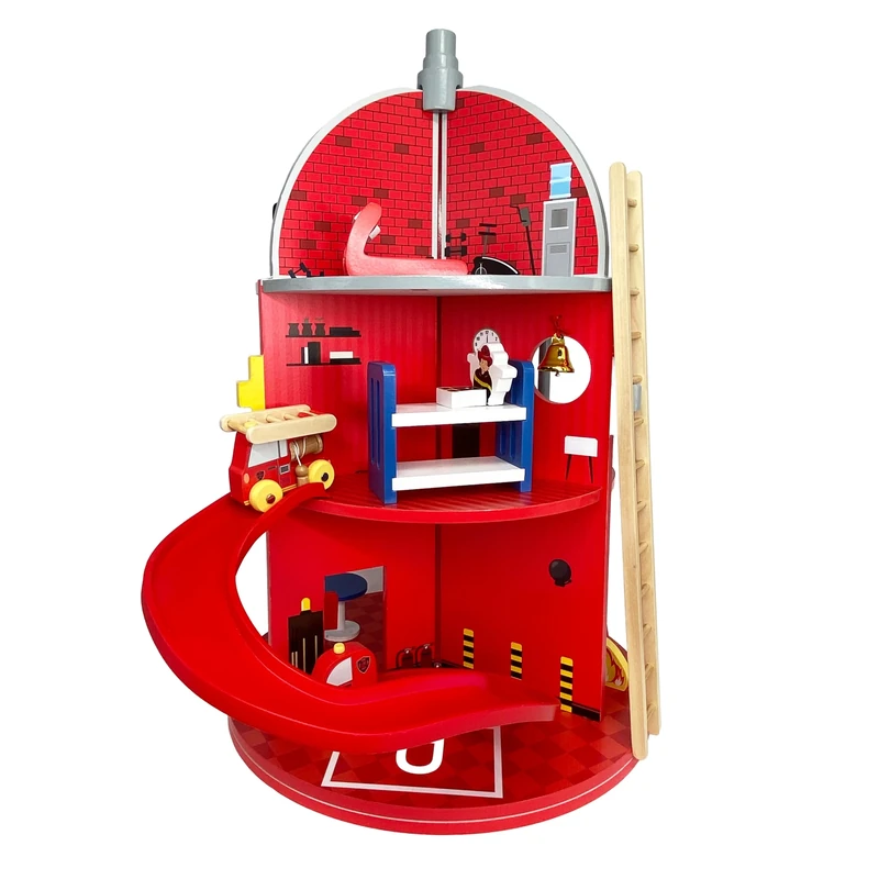 Teamson Kids Wooden Fire Station with 25-piece Figurines Set, Red