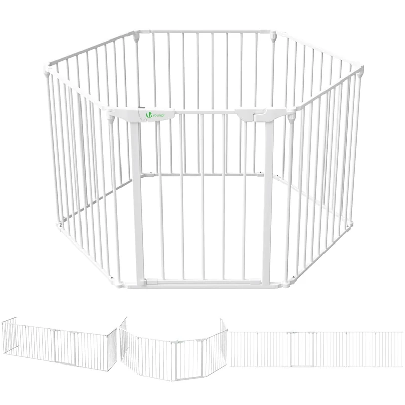 VOUNOT® 6 Panel Safety Barrier Fireplace Protection Foldable Metal Fire Guard Hearth Gate with Lockable Door, Playpen Multi-Function Room Divider Pre-Assembled 3.75M White