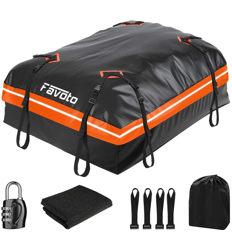 Favoto Roof Bag 425L Foldable Roof Box Waterproof Roof Box with Non-Slip Mat Door Hooks Reinforcement Straps for Cars SUVS with/without Pannier Rack Travel Luggage Transport Black/Orange