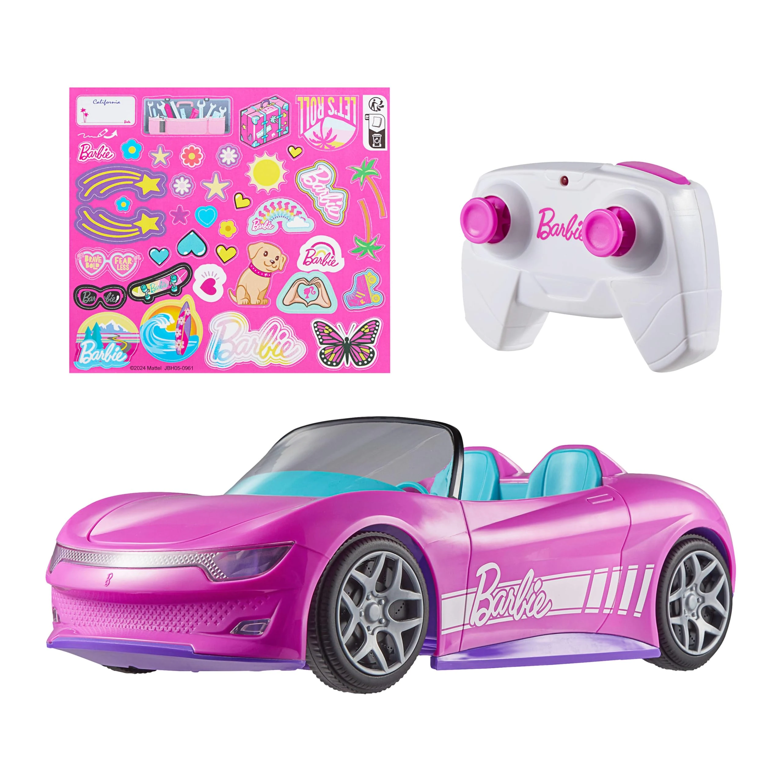 Hot Wheels Barbie RC Toy Car, Remote-Control Pink Convertible, Can Hold 2 Barbie Fashion Dolls & Trunk Opens for Storage, Sticker Sheet for Customizing, JBH05