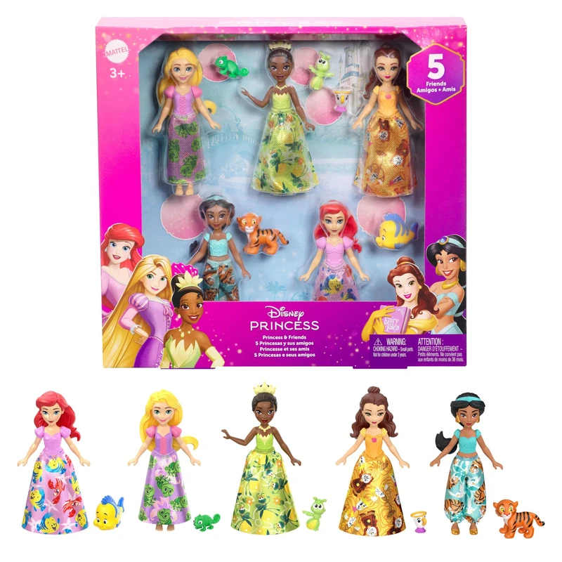 Mattel Disney Princess & Friends Set with 5 Posable Small Dolls in Removable Skirts or Pants & 5 Friend Figures, Inspired by the Disney Movies, JBL33