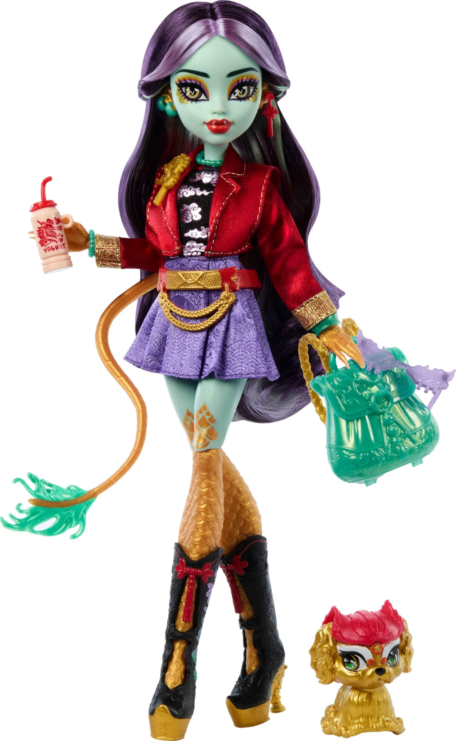 Monster High Jinafire Long Doll, Dragon with Pet Dog Cloudy “Yun Yun” and 7 Accessories like Sketch Pad, Yogurt Drink, Backpack and More, HYV58