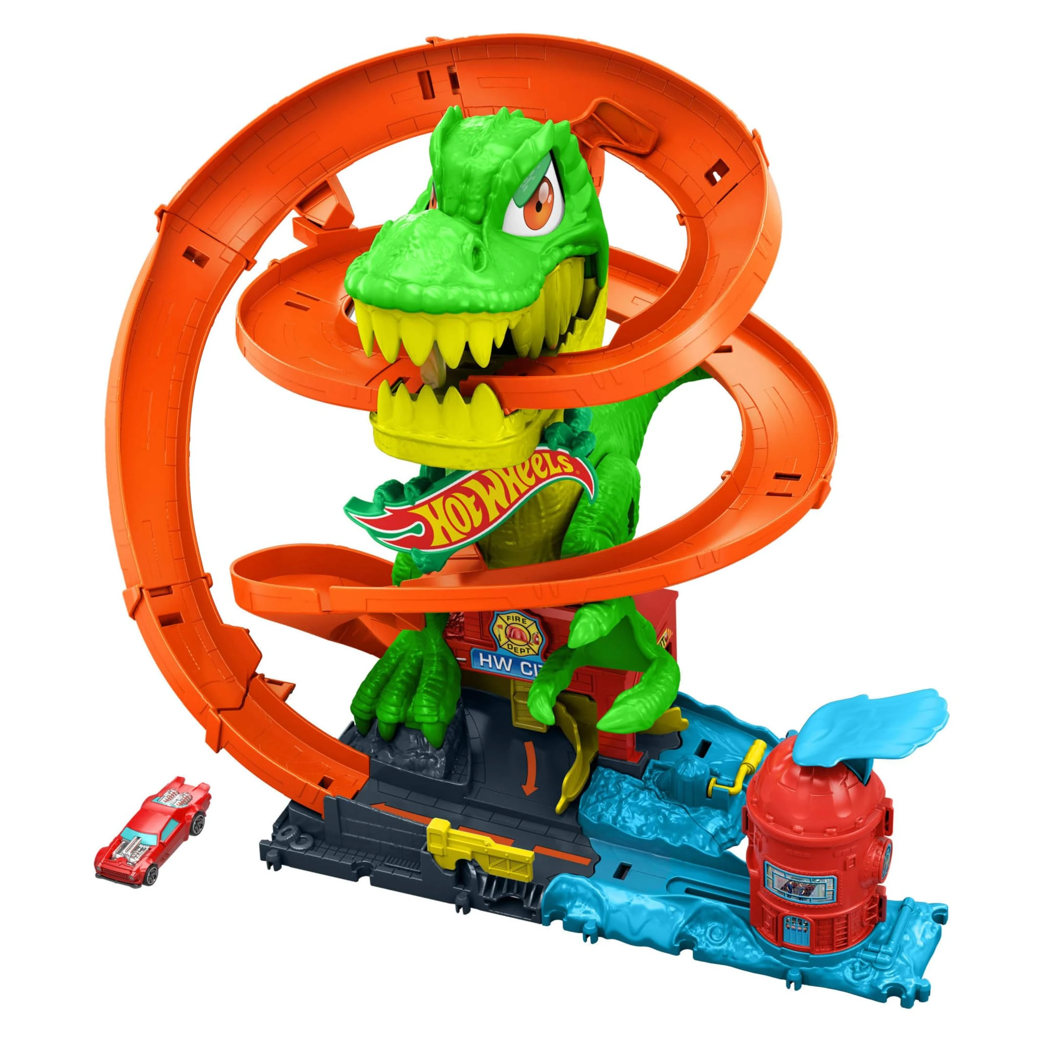 Hot Wheels Toy Car Track Set, City T-Rex Blaze Battle Playset & 1:64 Scale Die-Cast Vehicle, 18” Tall, Multiple Race Outcomes, Spinning Dinosaur Eyes, JBM73