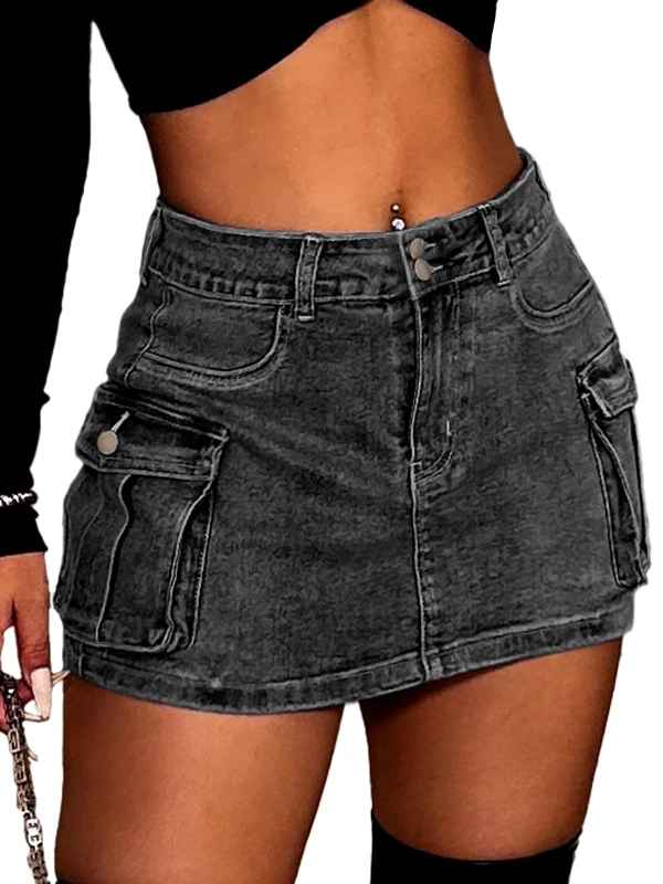 ELLEVEN High Stretchy Denim Cargo Skort for Women, High Waist, Casual Mini Y2K Jean Skirt Shorts with Pockets, A-denim Black, XL