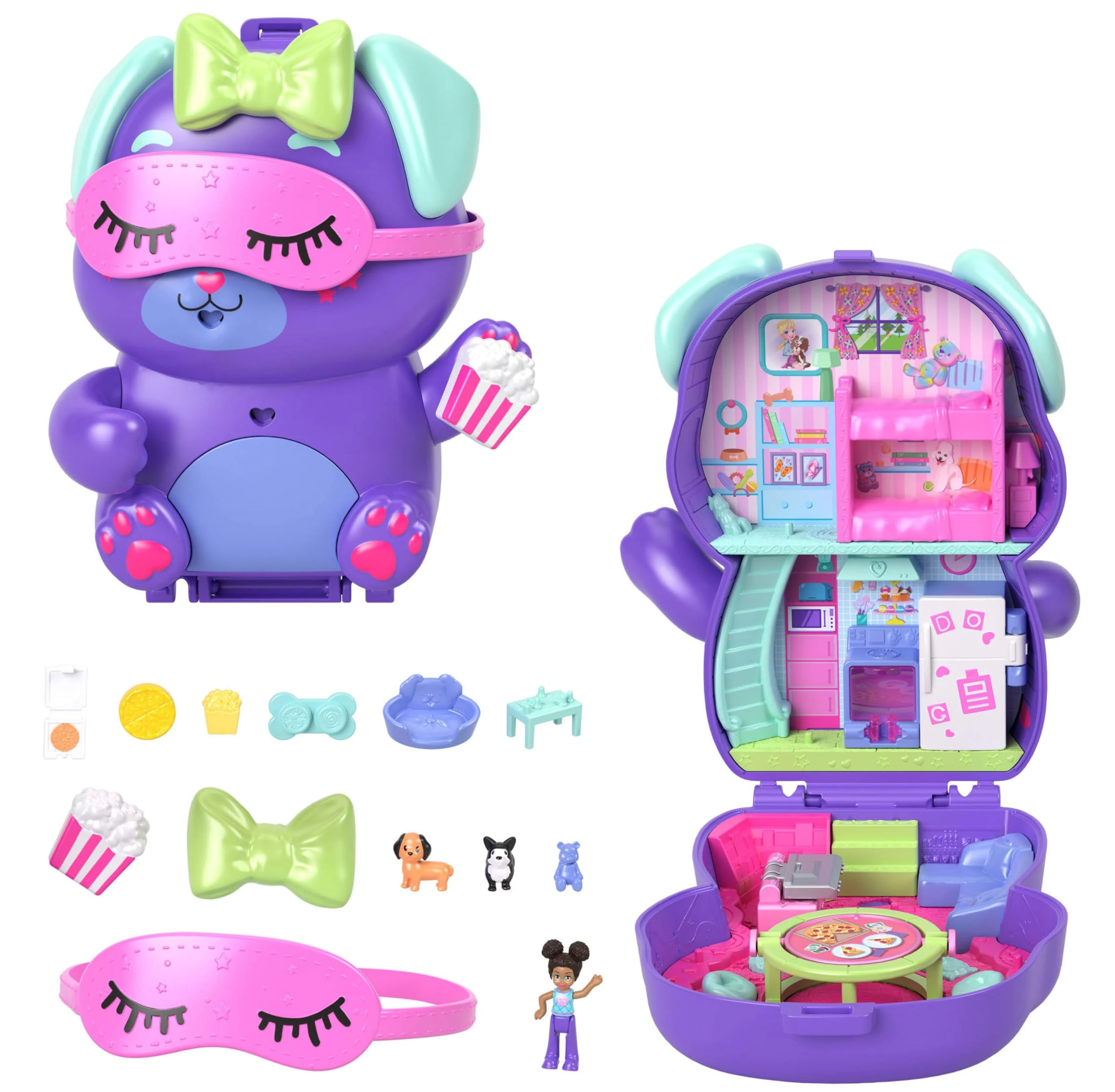 Polly Pocket Dolls and Playset, Sleepover Puppy Compact, Travel Toy with 1 Micro Doll, Pet Dogs, Food & Fashion Styling Accessories, JCR38