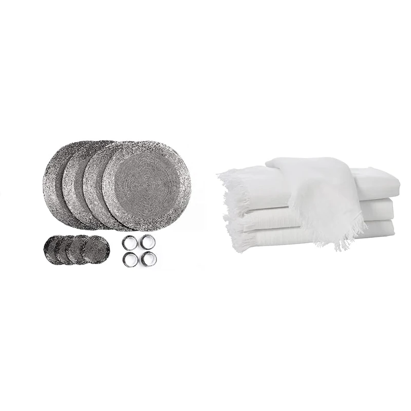 Penguin Home Set of 16 Beaded Placemat coaster Napkin rings and cotton Napkins - ANTIQUE SILVER/FRINGES WHITE