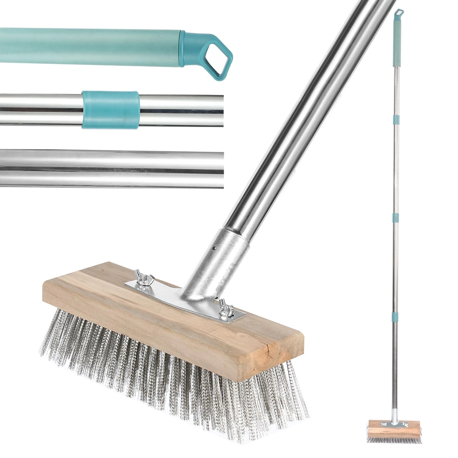 68.9in Stainless Steel Deck Scrub Brush With Long Handle - 45° Tilt Stiff Metal Bristle for Removing Weed, Moss, Algae - Outdoor Floor Scrubber for Patio, Deck, Garden, Pool (20x175cm)