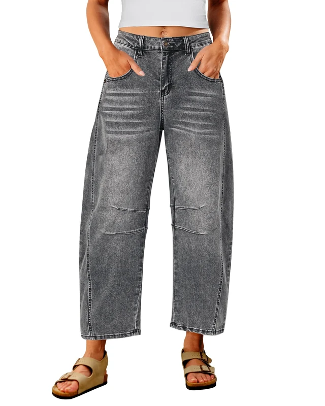 Utyful Barrel Jeans Women Cropped Baggy Trendy High Waisted Distressed Loose Stretch Denim Trouser Jeans with Pockets, Foxy Gray, Large