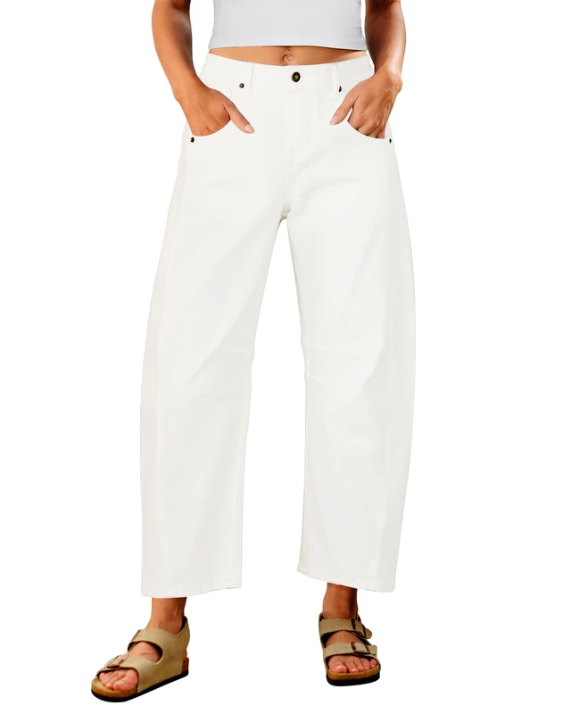 Utyful Barrel Jeans Women Cropped Baggy Trendy High Waisted Distressed Loose Stretch Denim Trouser Jeans with Pockets, Cream White, S