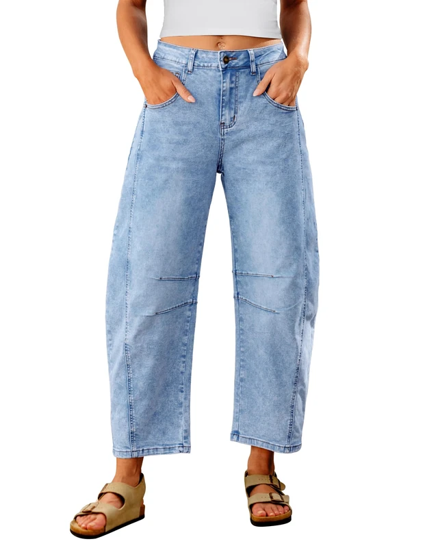 Utyful Barrel Jeans Women Cropped Baggy Trendy High Waisted Distressed Loose Stretch Denim Trouser Jeans with Pockets, Roadnight Blue, M