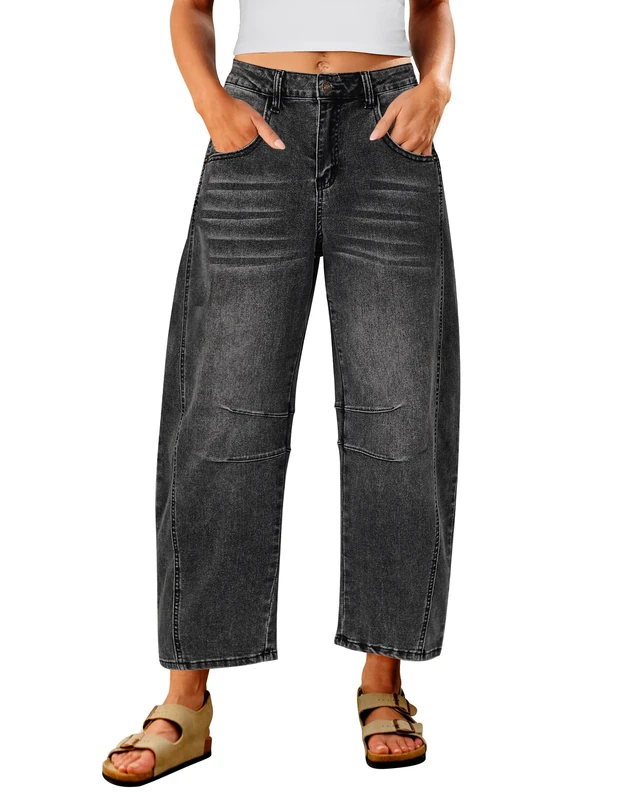 Utyful Barrel Jeans Women Cropped Baggy Trendy High Waisted Distressed Loose Stretch Denim Trouser Jeans with Pockets, Faded Black, S