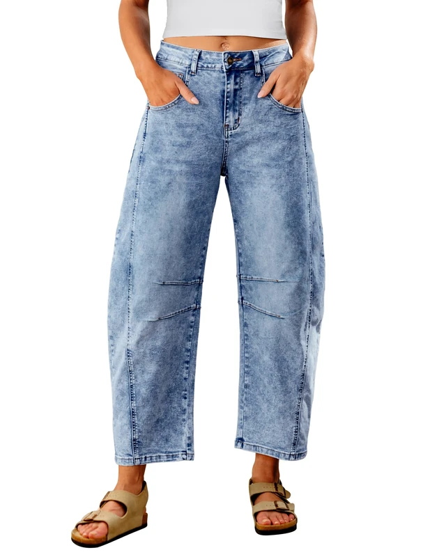 Utyful Barrel Jeans Women Cropped Baggy Trendy High Waisted Distressed Loose Stretch Denim Trouser Jeans with Pockets, Reef Blue, S