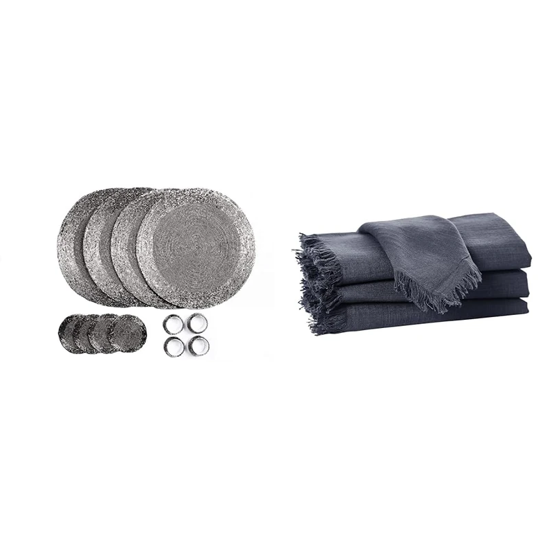 Penguin Home Set of 16 Beaded Placemat coaster Napkin rings and cotton Napkins - ANTIQUE SILVER/FRINGES CHARCOAL