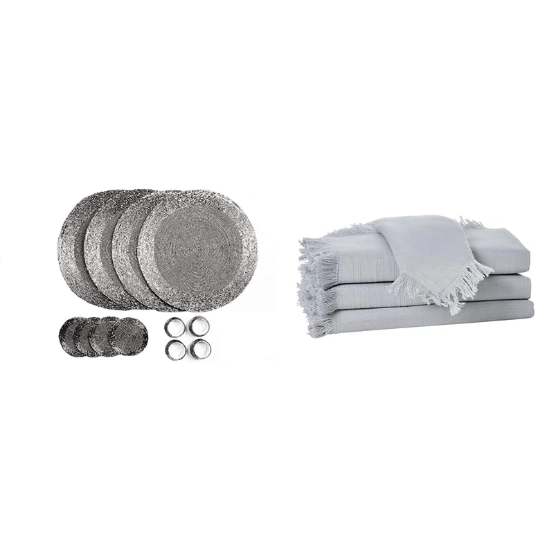 Penguin Home Set of 16 Beaded Placemat coaster Napkin rings and cotton Napkins - ANTIQUE SILVER/FRINGES GREY