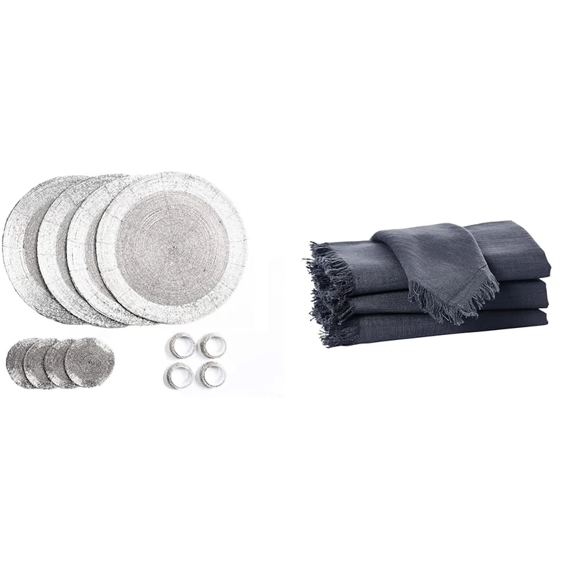 Penguin Home Set of 16 Beaded Placemat coaster Napkin rings and cotton Napkins - SILVER/FRINGES CHARCOAL