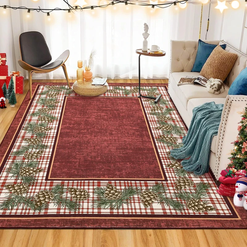 RUGSREAL Christmas Area Rug 9x12 Washable Rug Xmas Pine Cones Rug Ultra Thin Soft Rug Non Shedding Indoor Floor Carpet for Entryway Bedroom Holiday Decor, Red