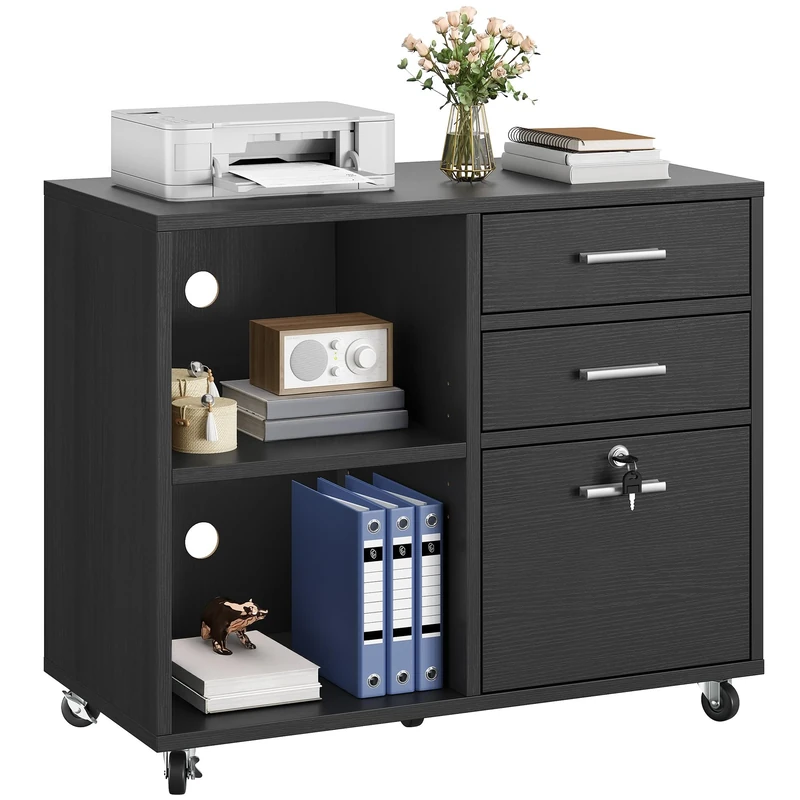 YITAHOME Mobile Filing Cabinet with 3Drawers, Rolling Filing Cabinet for Home Office, Wood Storage Cabinet for A4, Letter Size Documents, Printer Table with Open Compartments Lock and Wheels