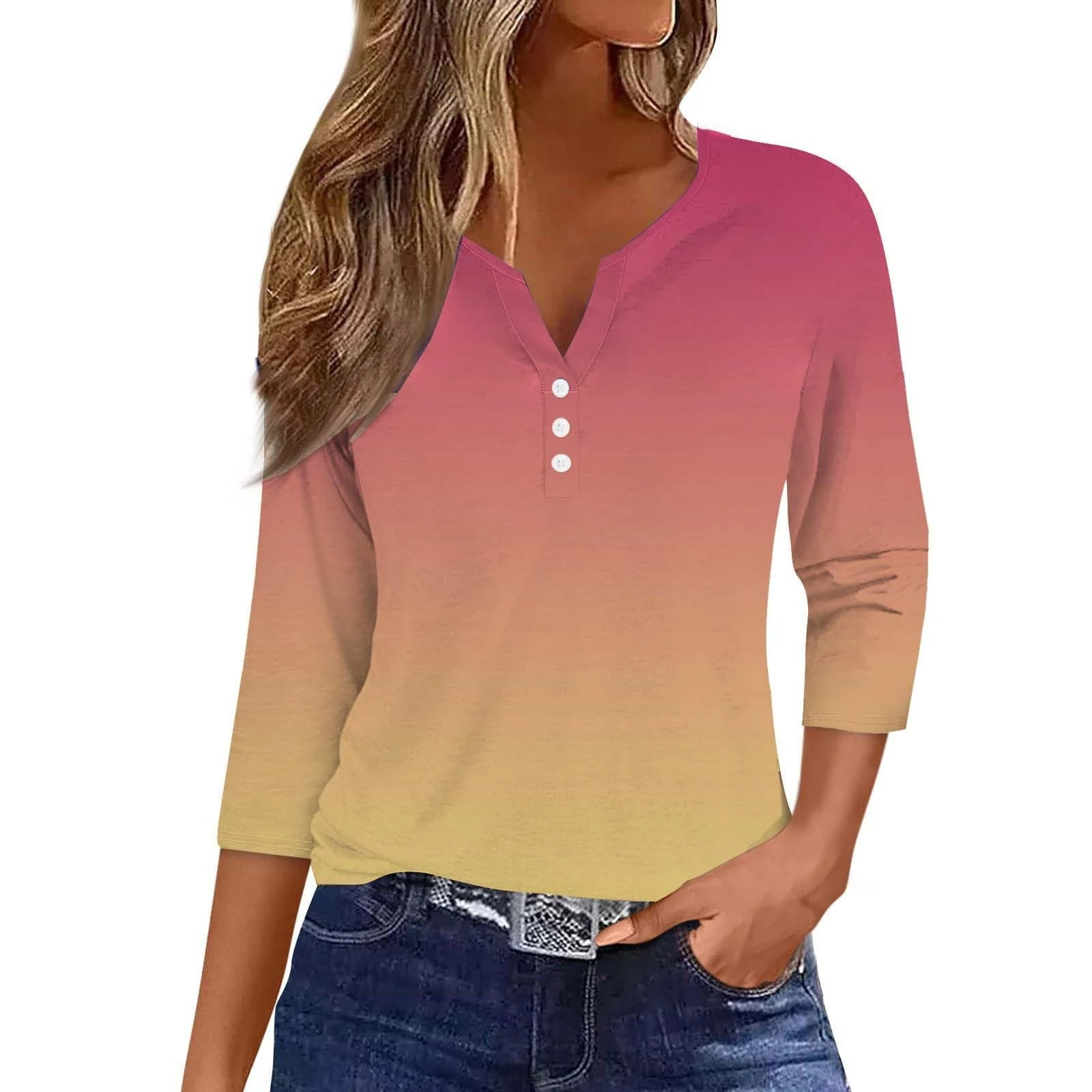 Angxiwan Today Deals of The Day Clearance Summer Tops for Women UK Women's Fashion Casual Gradient Color Button Three Quarter Sleeve Top T Shirt Going Out Clearance Orders Placed by Me 2024 Black