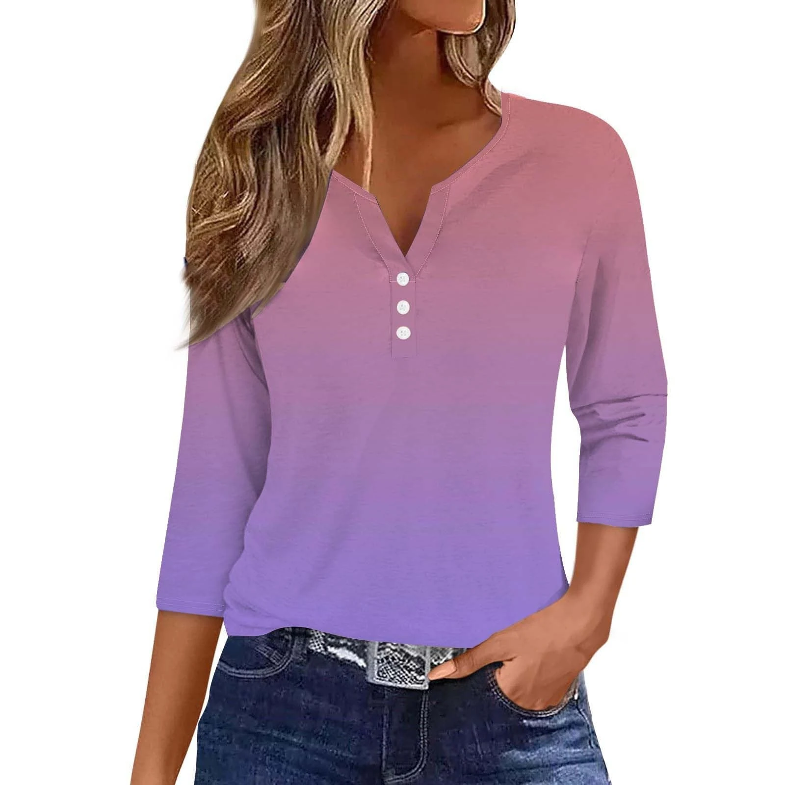 Angxiwan Order Again from My Recent Orders Summer Tops for Women UK Women's Fashion Casual Gradient Color Button Three Quarter Sleeve Top T Shirt Going Out Today's Deals of The Day Clearance Khaki