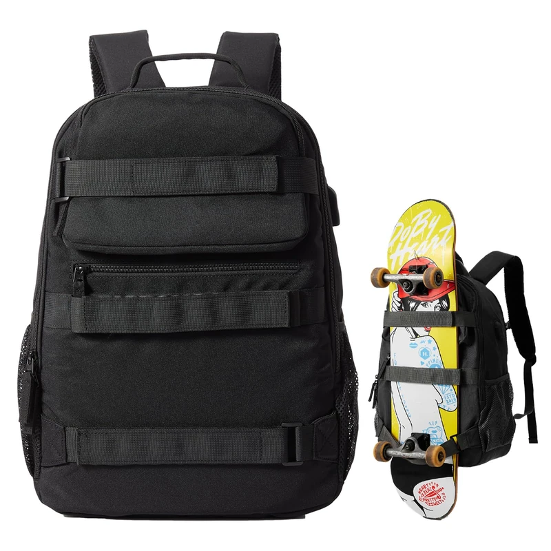 Skateboard Backpack, Large Skateboard Bag for Men and Women Laptop Bag with USB Port, for Skateboarding, College, Travel, Black, Sports