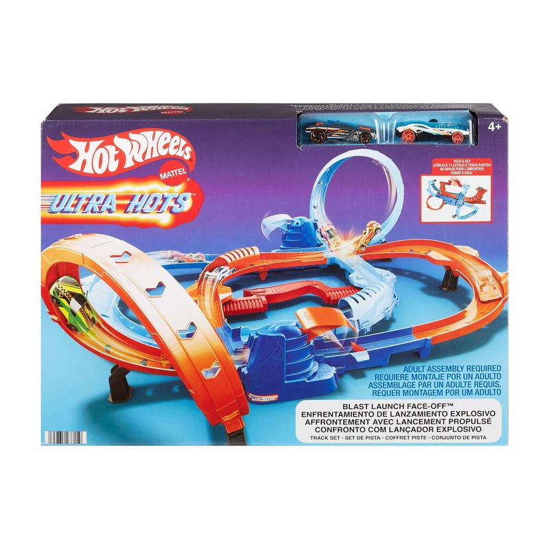 Hot Wheels Toy Car Track Set, Ultra Hots Blast Launch Face-Off with 2 1:64 Scale Vehicles, Head-to-Head Racing & Stunting, 2 Kid-Powered Launchers, HXR71