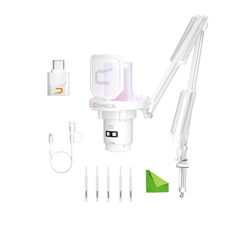 comica Wireless USB Microphone for Computer and Smartphone,48kHz/24bit RGB Cardioid Condenser Gaming Mic for Podcasting,Streaming,Recording,Music Creation,with Boom Arm Stand-White (EJoy Uni Pro A)