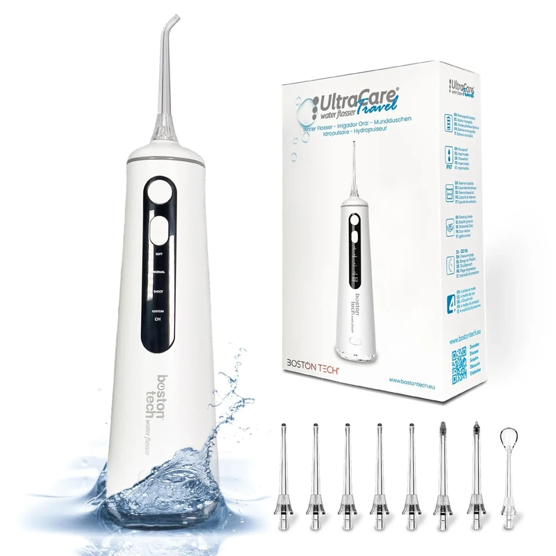 Aquapik® Portable Dental Water Flosser UltraCare Travel | Removes Plaque + Dentist Recommended + Protects Implants and Braces | Oral Irrigator with 8 Nozzles + 4 Usage Modes + 300 ml Tank